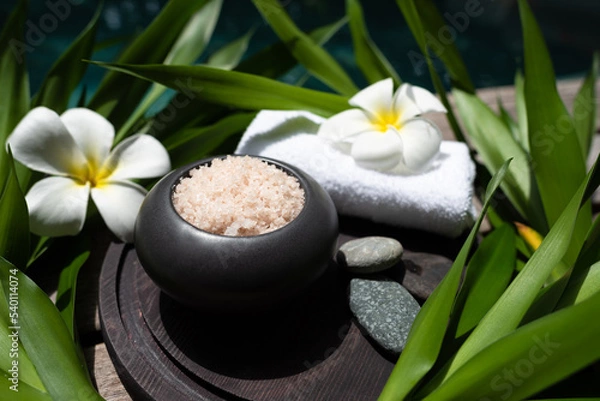 Fototapeta Balinese spa setting, frangipani with sea salt and coconut. Hot Stone Massage Set.