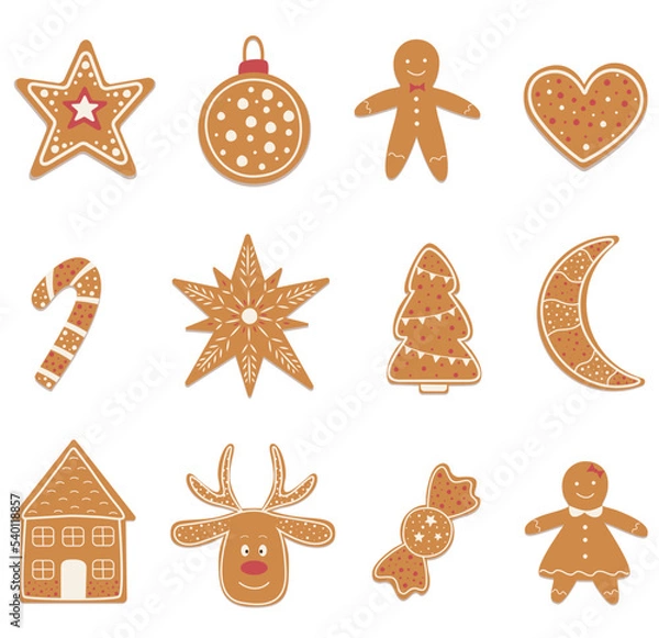Obraz Set of ginger cookies in different shapes with icing on a light background. Christmass bakery in flat style