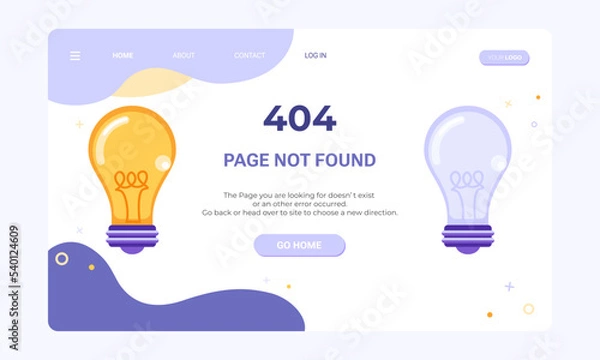 Fototapeta 404 Page not found.  404 error web page banner template. Flat illustration of on and off light bulbs for design template of fail and error	
