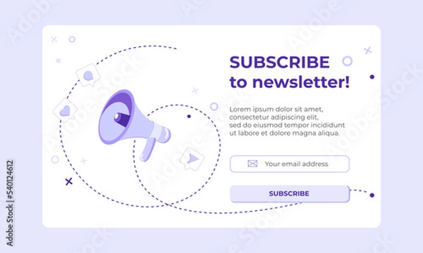 Obraz Subscribe to newsletter banner with megaphone and message social media icon. Vector banner of email marketing. Subscription to newsletter, news, offers, promotions. Send by mail. Follow me