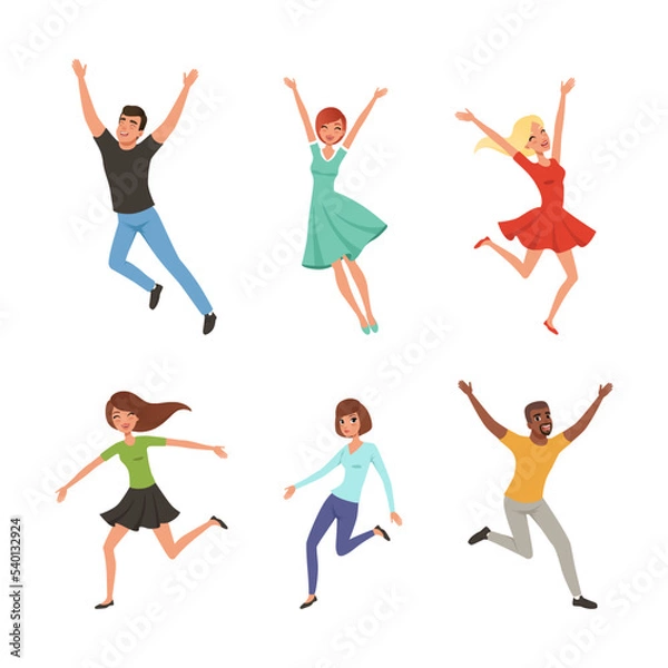 Fototapeta Happy People Character Jumping with Raised Hands Vector Set