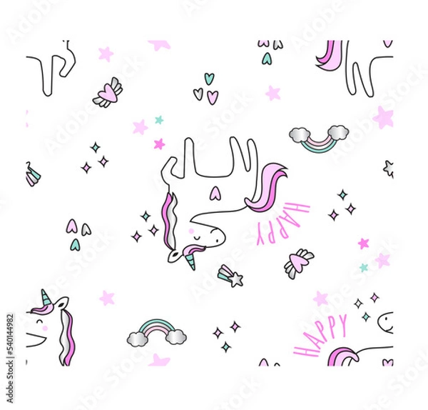 Fototapeta Cute unicorn with happy vibe, heart and rainbow