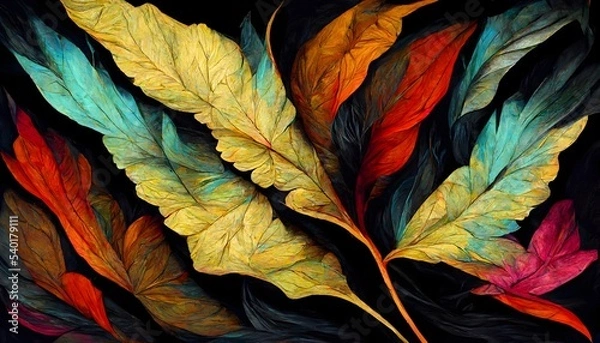 Fototapeta Abstract painting color texture. Leaf background with pastel colors. Modern futuristic leafs pattern. Multicolor dynamic background. High quality 3d illustration