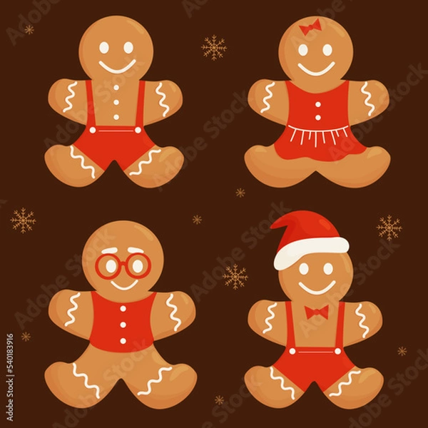 Fototapeta Collection cute Christmas gingerbread mans and girl, funny cookie with glasses and santa hat. Isolated vector elements for your New Years design and decor.