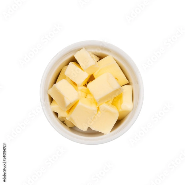 Fototapeta Butter. Isolated. Cake ingredients collection. In a bowl. Top view. Transparent background.