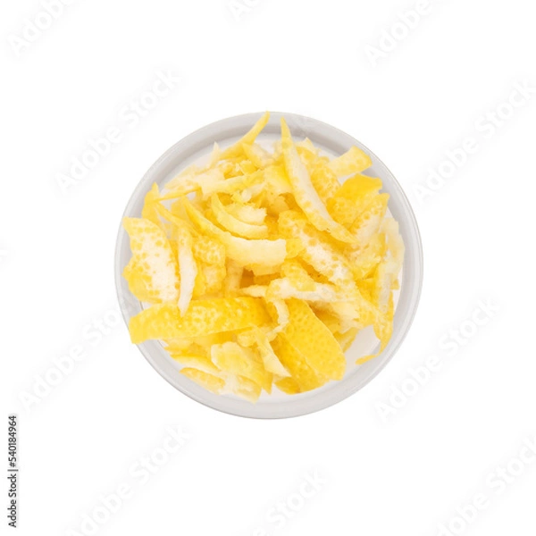 Fototapeta Lemon zest. Isolated. Cake ingredients collection. In a bowl. Top view. Transparent background.