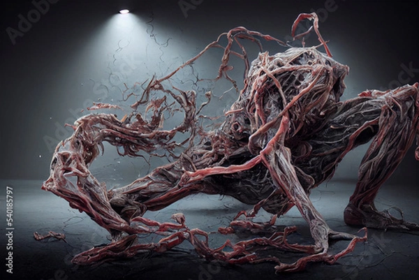 Fototapeta A monstrous monster in human form with all its nerves and muscles extending beyond the skin and spreading to the surrounding area.