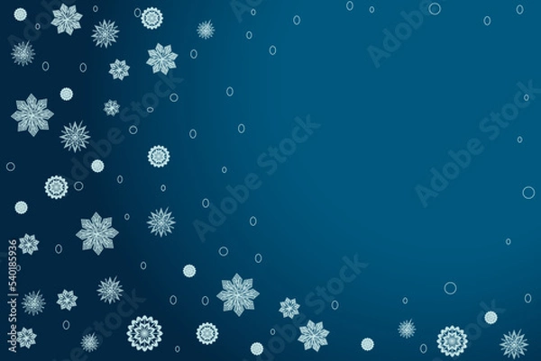 Fototapeta Vector illustration of a New Year background with a place for a congratulatory text. Snowflakes on a blue background.