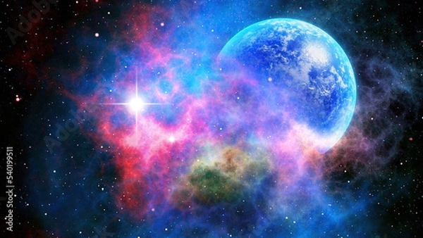 Fototapeta Alien planet in space with nebulas and stars, beautiful picture of the universe with galaxies, cosmic nebulae and stars.