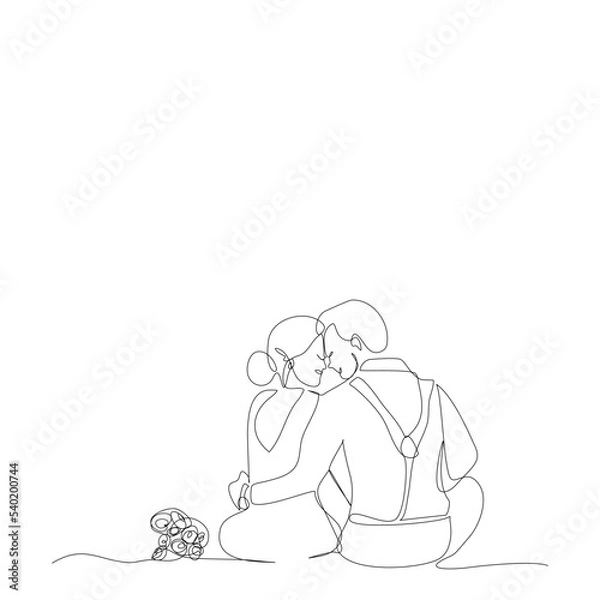 Fototapeta Backside of young bride and her groom sitting together in single line drawing style.Romantic couple holding and kissing continue line.Vector illustration isolate flat design concept of Valentine’s Day