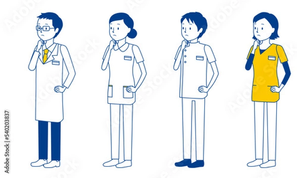 Fototapeta 医療従事者（医師・看護師・理学療法士・放射線技師）のイラストセット（あごに手）