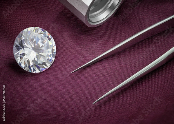 Obraz Big Round Diamond with Loupe and Tweezers on Plum Coloured Fabric Background. Luxury Diamond Photograph. 