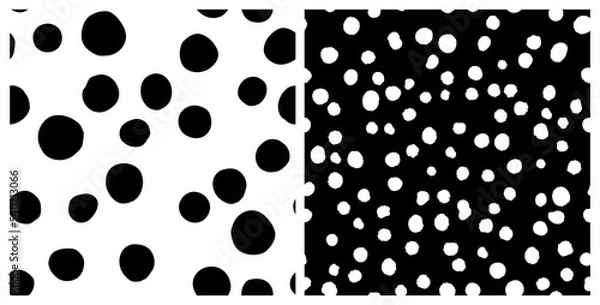 Obraz Set of irregular polka dot seamless repeat pattern. Bundle of random round geometrical shapes all over surface print in black and white.