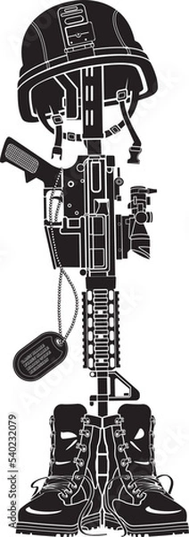 Fototapeta symbol of a fallen soldier,military helmet on rifle and combat boots