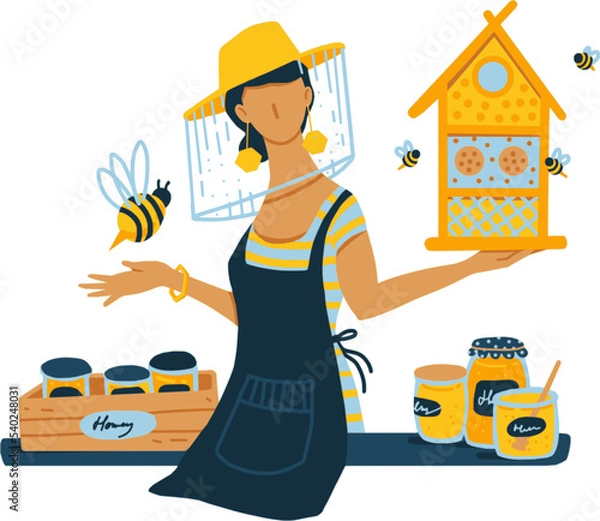 Fototapeta Simple color illustration of young female beekeeper with bee and beehive. Collect honey. Beekeeping concept illustration.