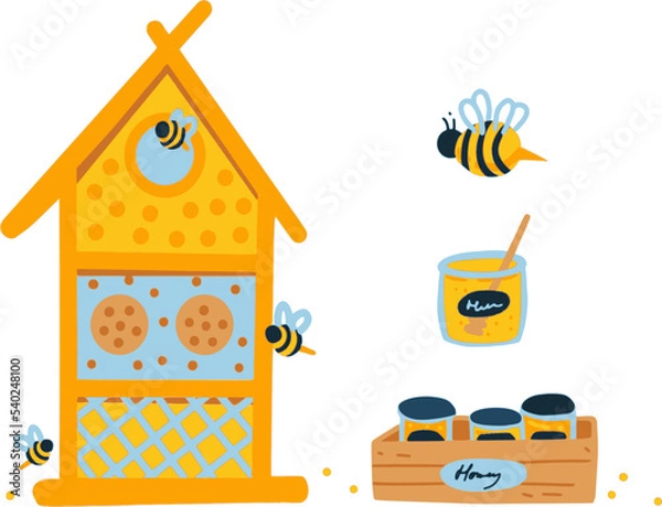 Fototapeta Simple illustration of beehive with bees and jars of honey. Concept of healthy organic food.