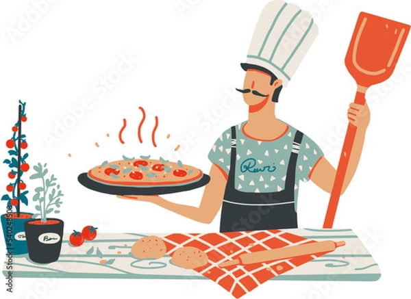 Fototapeta Vector illustration with young man holding pizza. Napoleon Italian Pizza with fresh mozzarella and basil leaves. True Italian Traditional Pizza Margherita. Simple vector print design, bar menu.