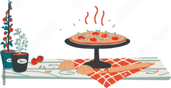 Fototapeta Vector illustration of Pizza Napoletana - Napoli tomato sauce mozzarella and basil - top of view. Simple vector print design, bar menu decoration. 