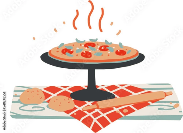 Fototapeta Vector illustration of Pizza Napoletana - Napoli tomato sauce mozzarella and basil - top of view. Simple vector print design, bar menu decoration. 
