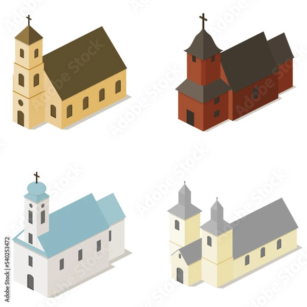 Fototapeta Simple churches collection, izometric elements, religion architectures.  European architecture.