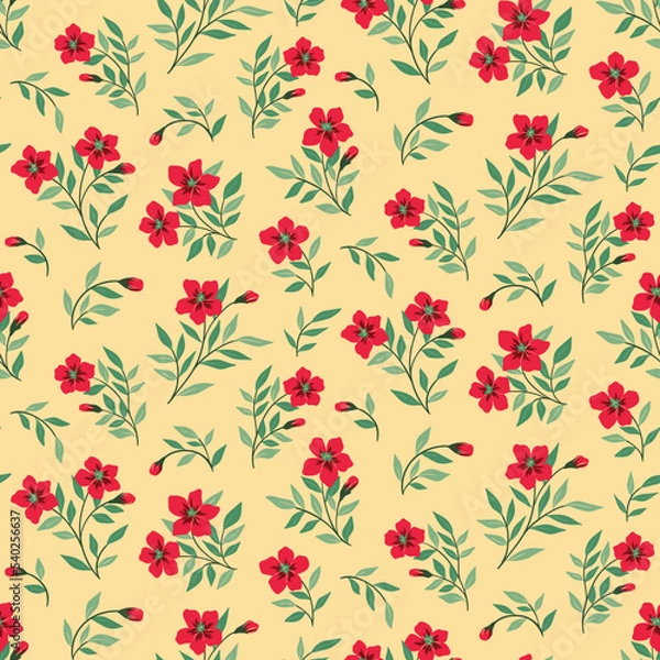 Fototapeta Seamless floral pattern, vintage botanical print with red flowers in abstract arrangement. Beautiful flower background design with wild plants, flowers on stems, leaves. Vector floral illustration.