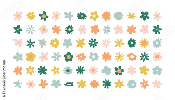 Fototapeta Trendy floral icon illustration set. Vintage style flowers on isolated background. Colorful pastel color spring doodle collection. Wedding nature symbol, romantic graphic bundle.