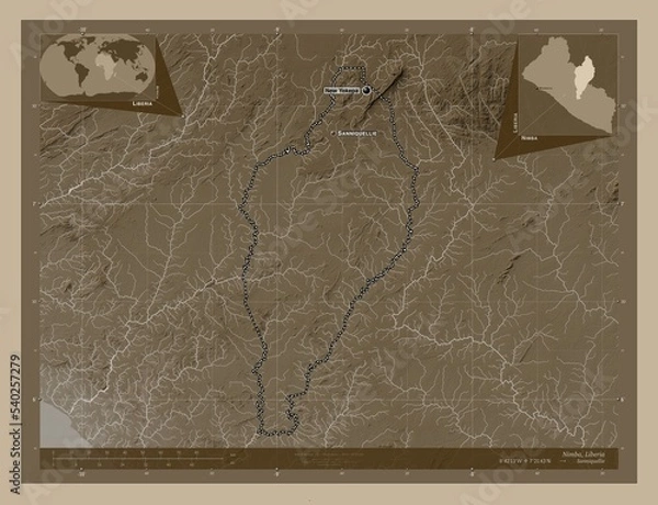 Fototapeta Nimba, Liberia. Sepia. Labelled points of cities