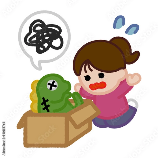 Obraz クレヨンタッチのイラスト / 壊れたおもちゃを見つめる女性