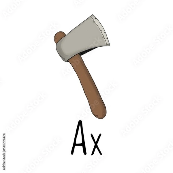 Obraz An axe with a brown handle and a gray blade a white background with black lettering