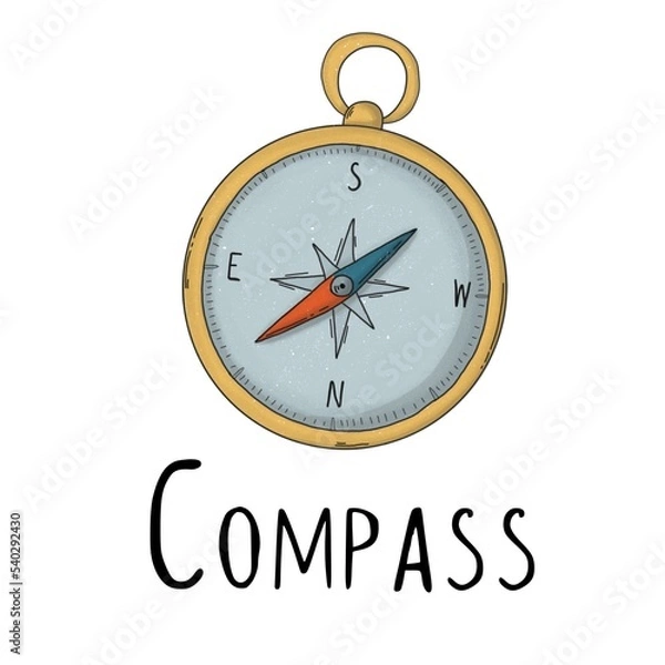 Obraz Compass in a yellow case with a red and blue arrow a white background with black lettering