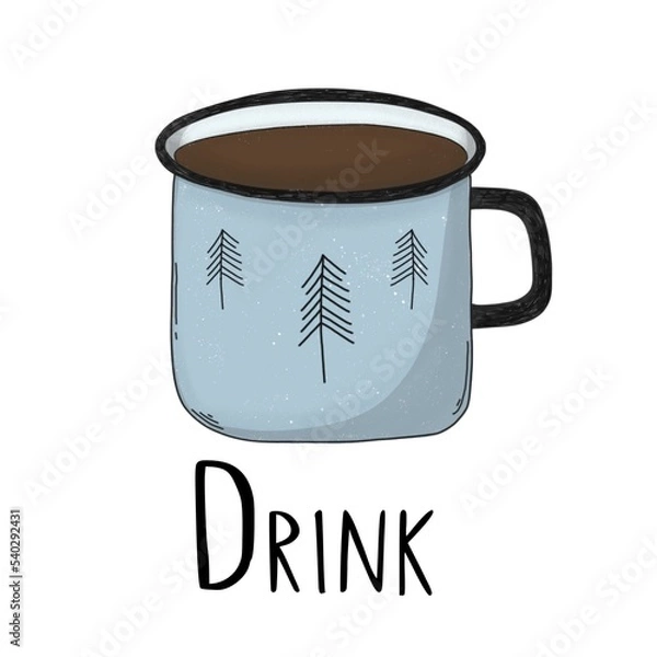 Obraz Blue mug with brown drink a white background with black lettering
