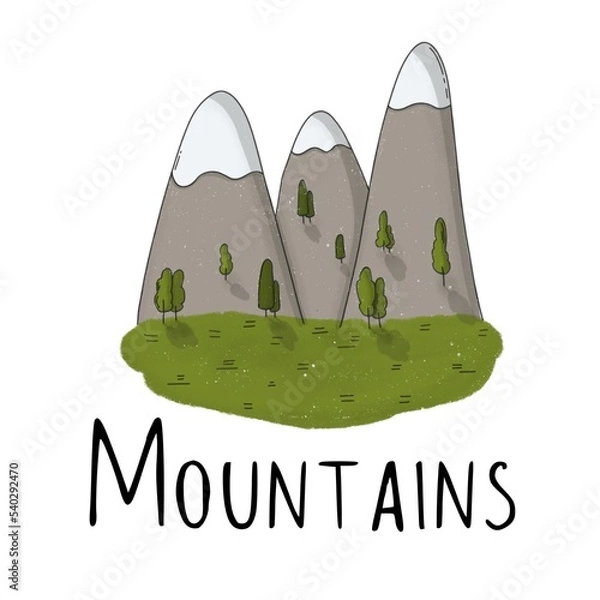 Obraz Grey mountains snowy peaks green grass trees a white background with black lettering