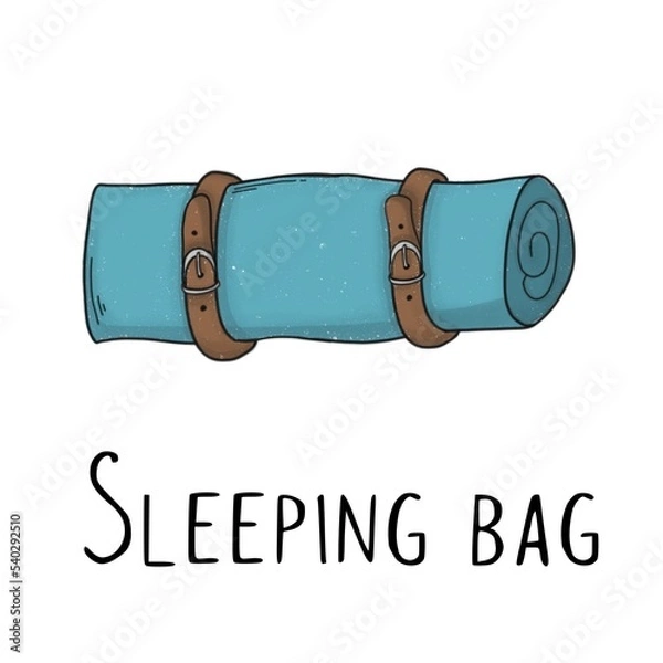 Obraz Blue sleeping bag with brown straps on a white background with black lettering