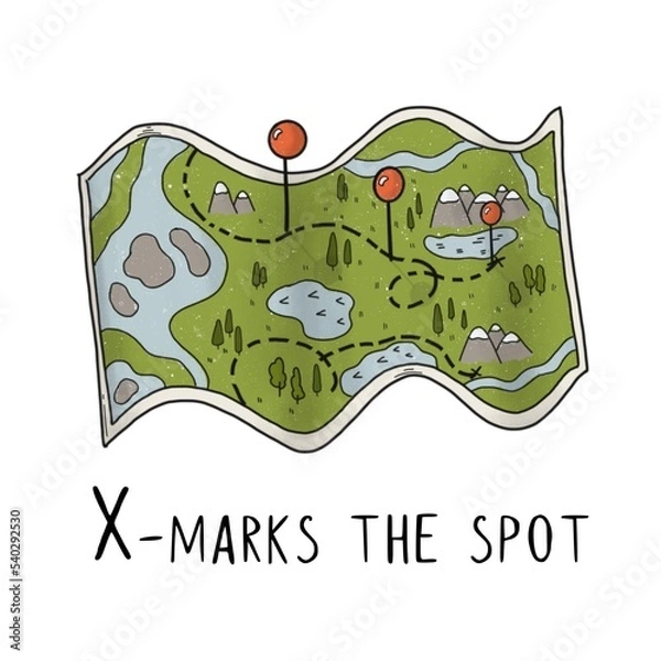 Obraz Route, points on the green map mountains, water, forest on a white background