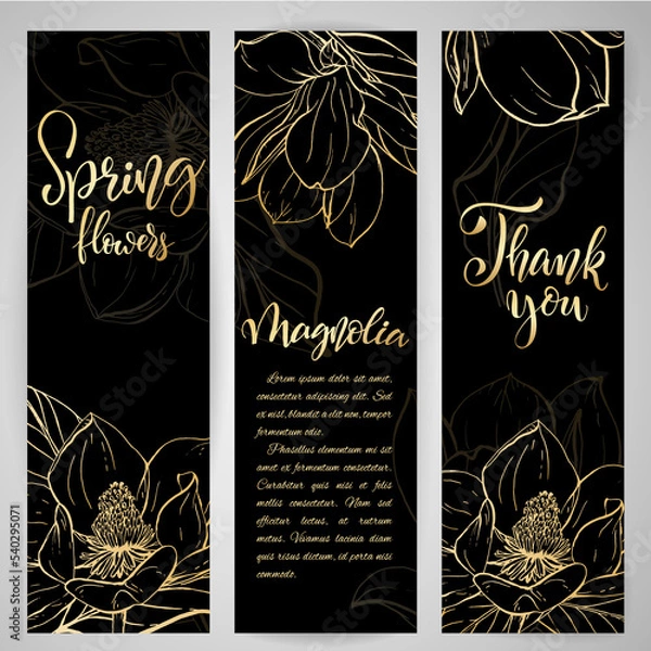 Fototapeta Floral baners. Hand drawn vector botanical illustration. Template greeting card, wedding invitation banner with spring flowers. Golden sketch magnolia blossom. Engraved style illustration