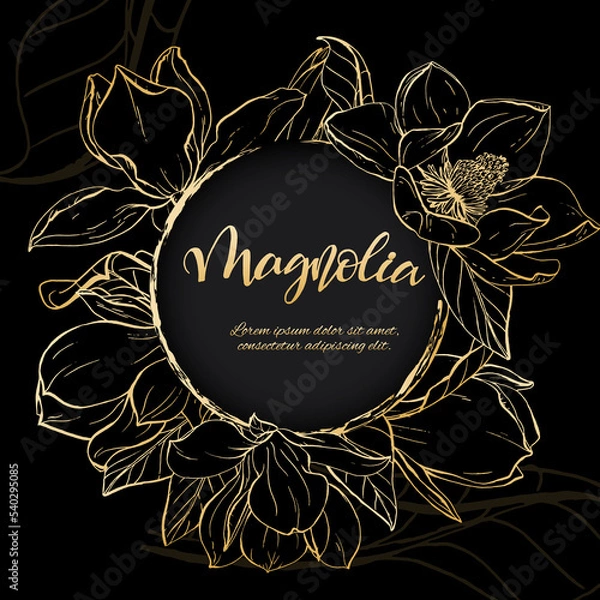 Obraz Golden sketch magnolia blossom with black background