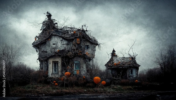 Fototapeta Abstract drawing of a creepy haunted old Halloween house fairy tale horror theme gray with orange pumpkins around, weathered cabin with moss and trees growing odd shape storm coming, mysterious field