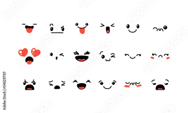 Fototapeta Various Cartoon Emoticons Set. Doodle faces, eyes and mouth. Caricature comic expressive emotions, smiling, crying and surprised character face expressions