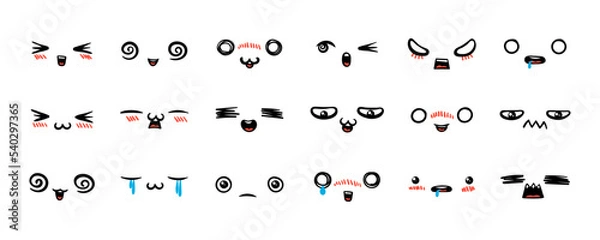 Fototapeta Various Cartoon Emoticons Set. Doodle faces, eyes and mouth. Caricature comic expressive emotions, smiling, crying and surprised character face expressions
