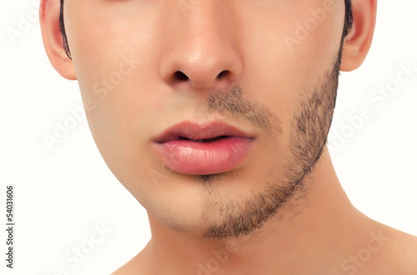 Fototapeta Portrait of a young beautiful man with half face shaved