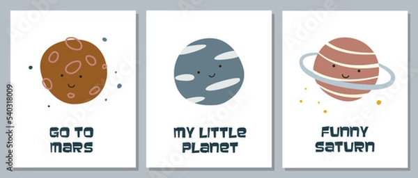 Fototapeta Collection of cartoon planets cards with smiling faces. A set of planetary prints with inscriptions for decorating the walls in the nursery.