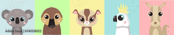 Fototapeta Set of animals in cartoon style. Cute animals of Australia. A collection of small animals in the children's style. Cockatoo, duckbill, kangaroo, koala, sugar possum