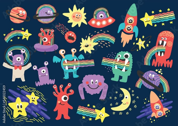 Fototapeta cute character space aliens stars and planets vector