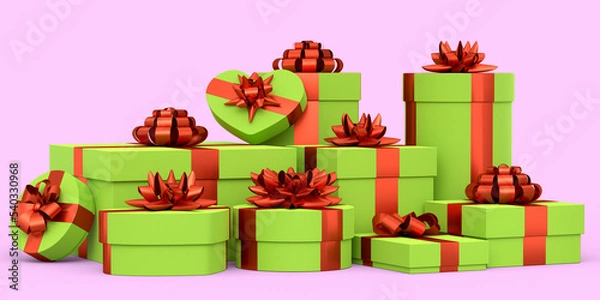 Fototapeta Gift boxes with ribbon and bow isolated on pink background. greeting design