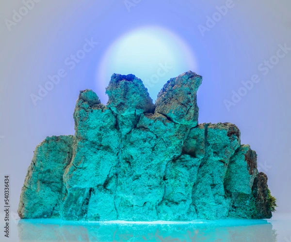 Fototapeta turquoise-blue bark in moss in the form of mountains for the background of the podium for the product