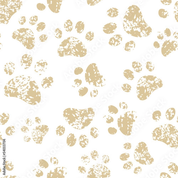 Obraz Cat or dog brown paw prints on white seamless pattern, vector