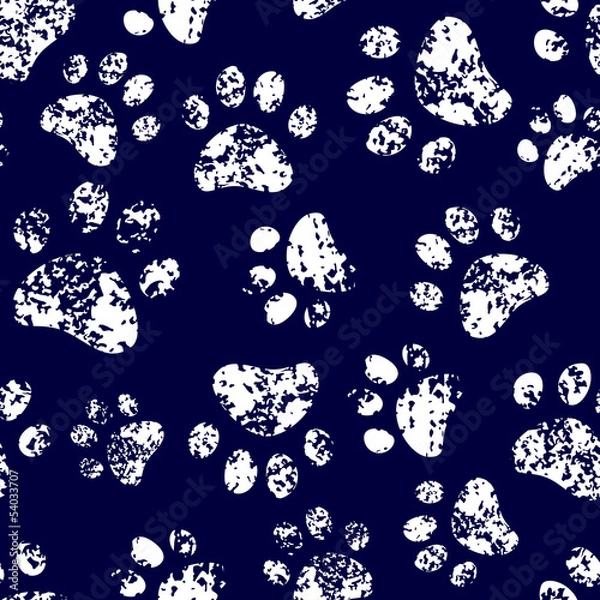 Obraz Cat or dog white paw prints on dark blue seamless pattern