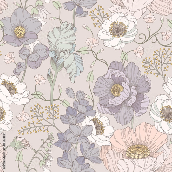 Fototapeta Vector seamless pattern with flowers. Delicate vector background for printing on fabric, wallpaper, packaging and other surfaces