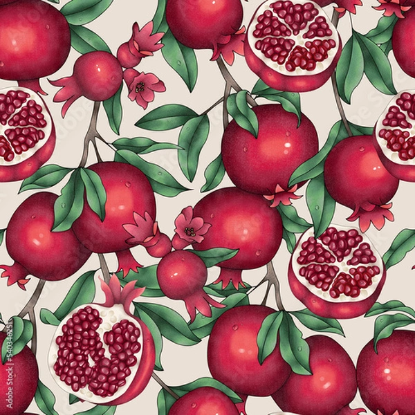 Fototapeta Pomegranate garden. Seamless pattern with pomegranates on a light background.