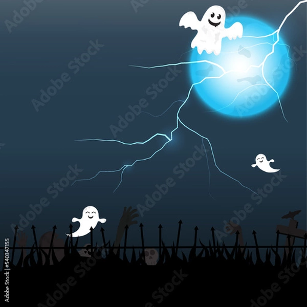 Fototapeta happy halloween with ghost and lightning thunderstorm in the dark night of graveyard background concept, empty space for display logo and content, A ghost hand emerged from the ground on full moon.